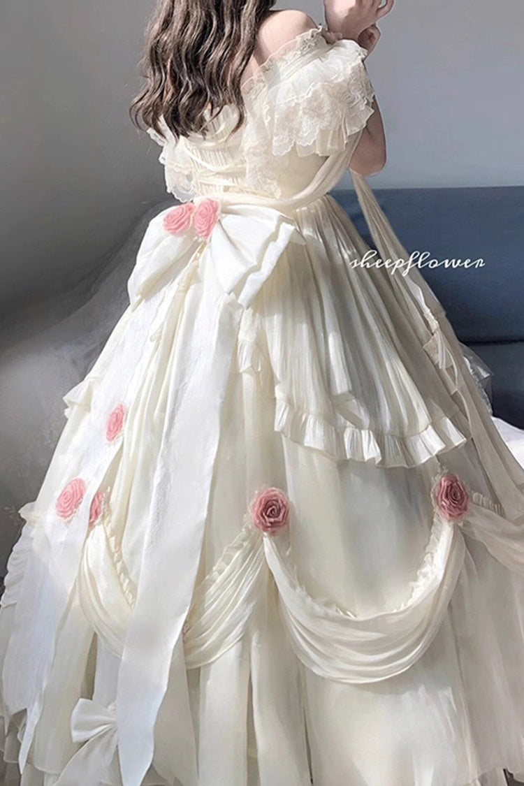 Tana Manor Rose Flower Long Sleeves Ruffle Bowknot Elegant Sweet Princess Lolita Strapless Dress 4 Colors