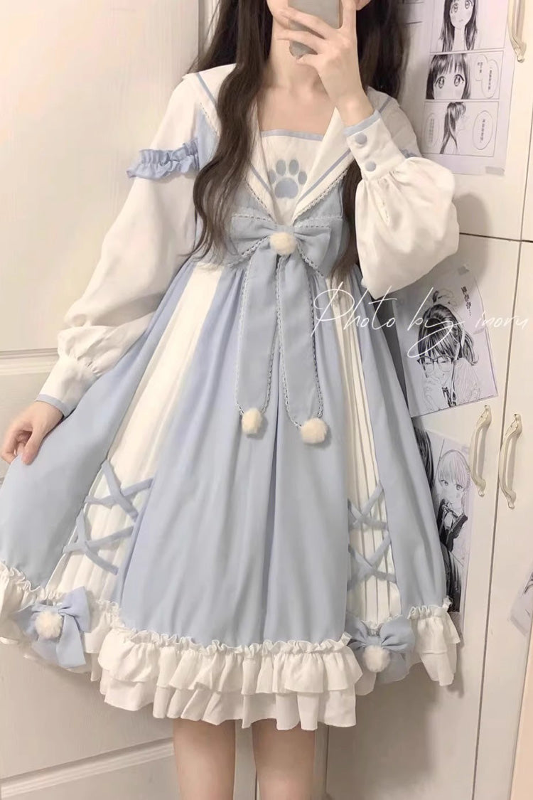 White/Blue Navy Collar Long Sleeves Print Ruffle Bowknot Sweet Princess Lolita Dress