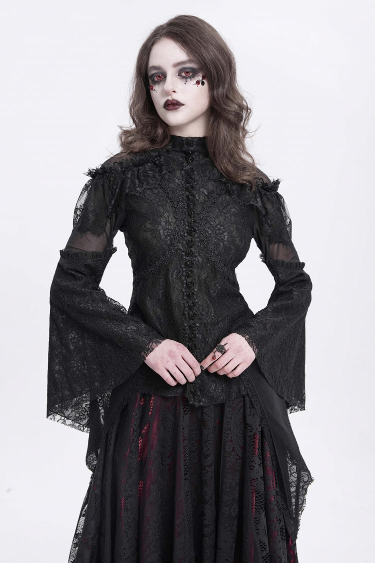 Black Stand Collar Long Trumpet Sleeves Embroidery Stitching Lace Women's Gothic Blouse