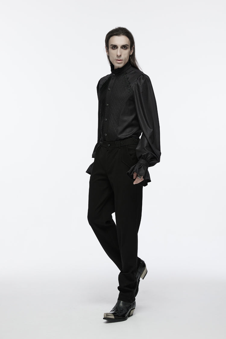 Black Stand Collar Long Puff Sleeves Crochet Men's Gothic Blouse