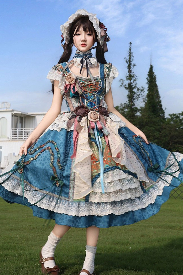 Blue [Lake Monet] Sleeveless High Waisted Print Ruffle Cardigan Bowknot Lace-Up Classic Vintage Elegant Princess Lolita Jsk Dress