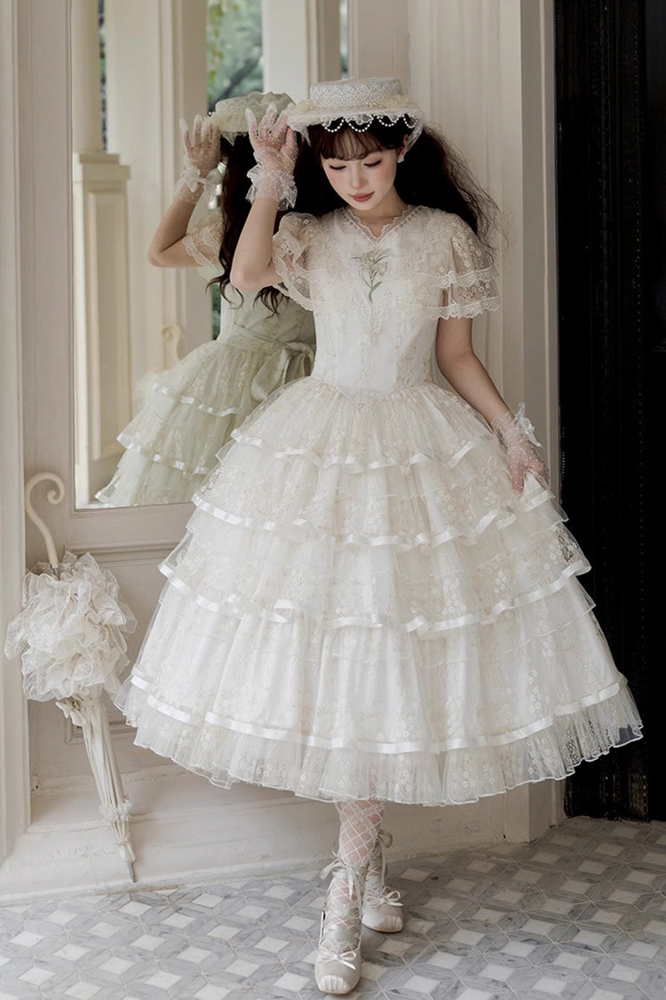 White [Morning Dew Lily] Short Sleeves Multi-Layered Ruffle Embroidery Sweet Elegant Lolita Dress