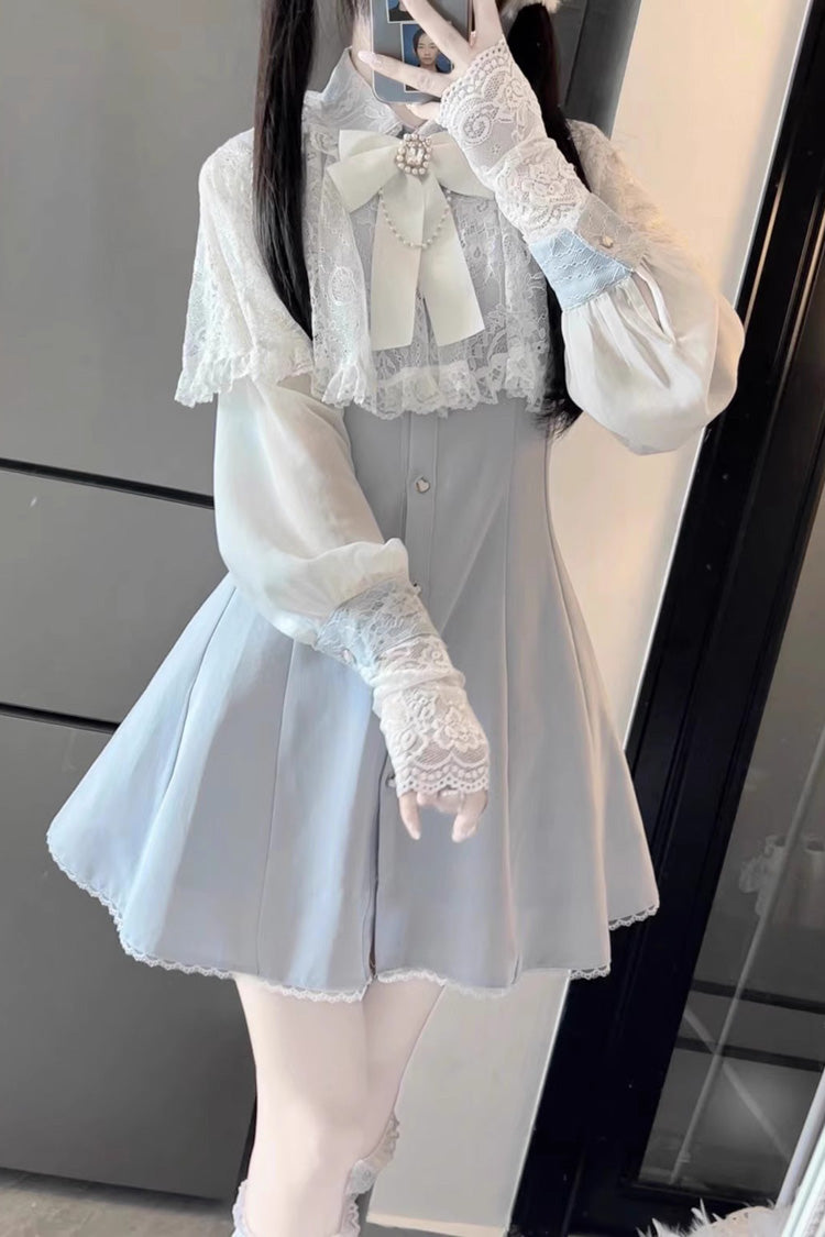 Aquamarines, langärmliges, schmales Jirai Kei-Kleid mit Schalkragen und Spitzen