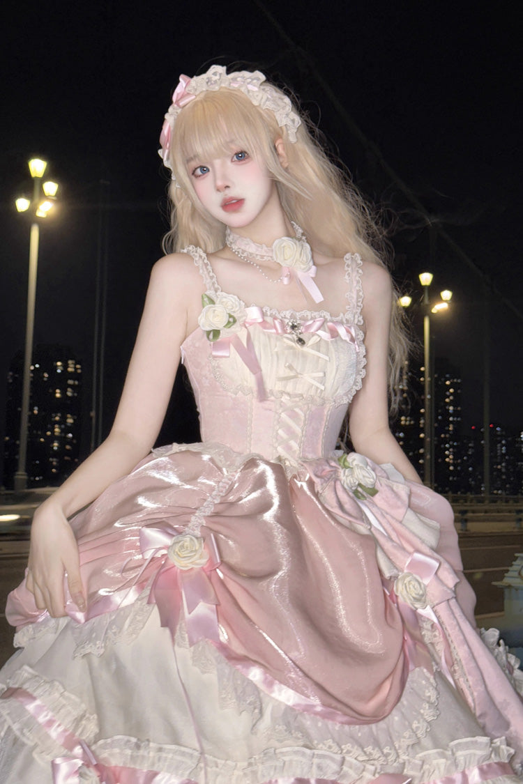 Aprikose/Rosa mehrlagiges Hanayome-Schleifenkleid mit Rüschen, süßem Prinzessinnen-Outfit, wunderschönem langen Lolita-JSK-Kleid