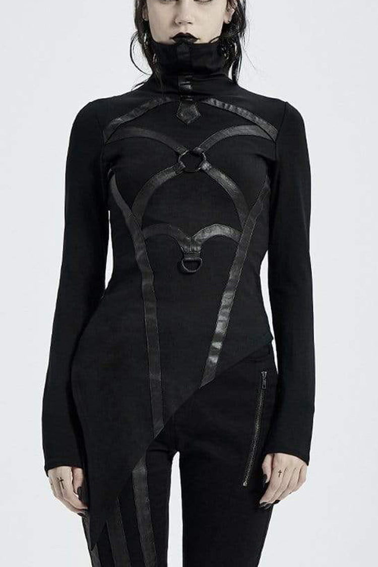 Black High Collar Long Sleeve Front Metal Ring Woven Tape Decoration Irregular Hem Women's Punk T-Shirt