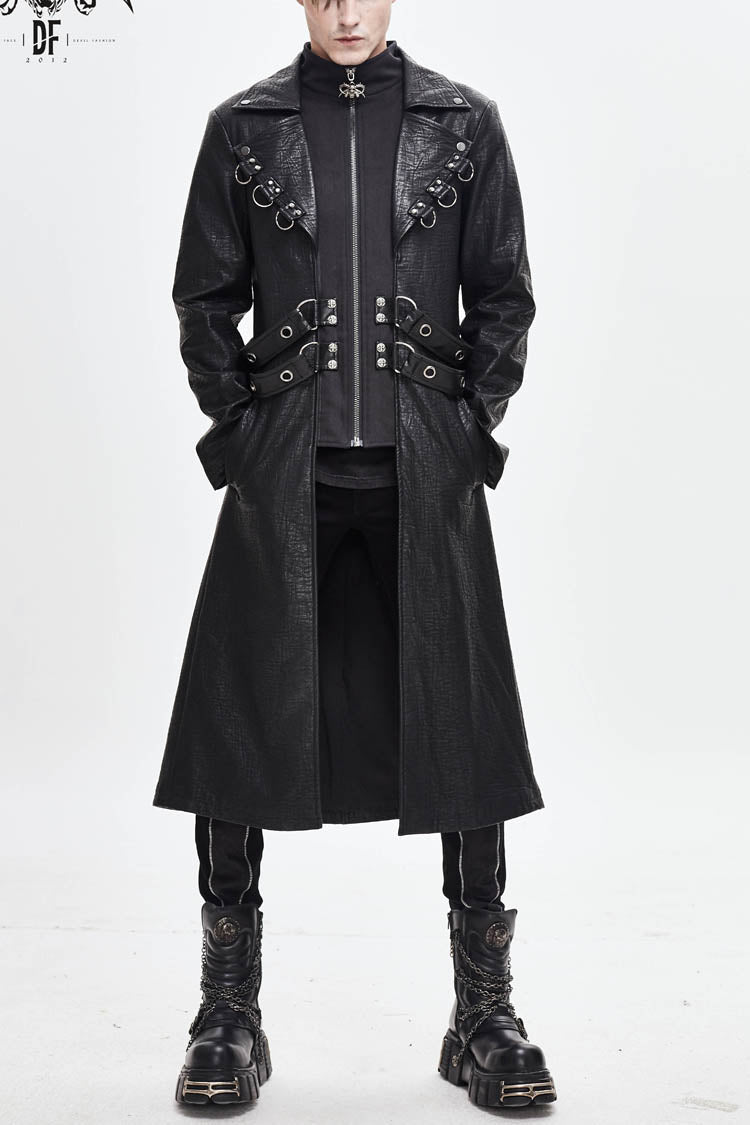 Black Stand Up Collar Waist Leather Hasp Leather Long Men's Punk Coat