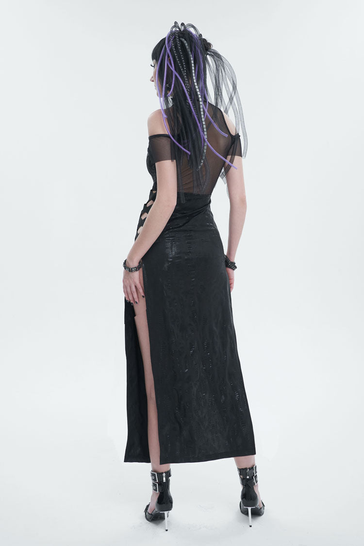 Black Off The Shoulder Irregular Knit Paneled Mesh Side Slit Women's Punk Dress