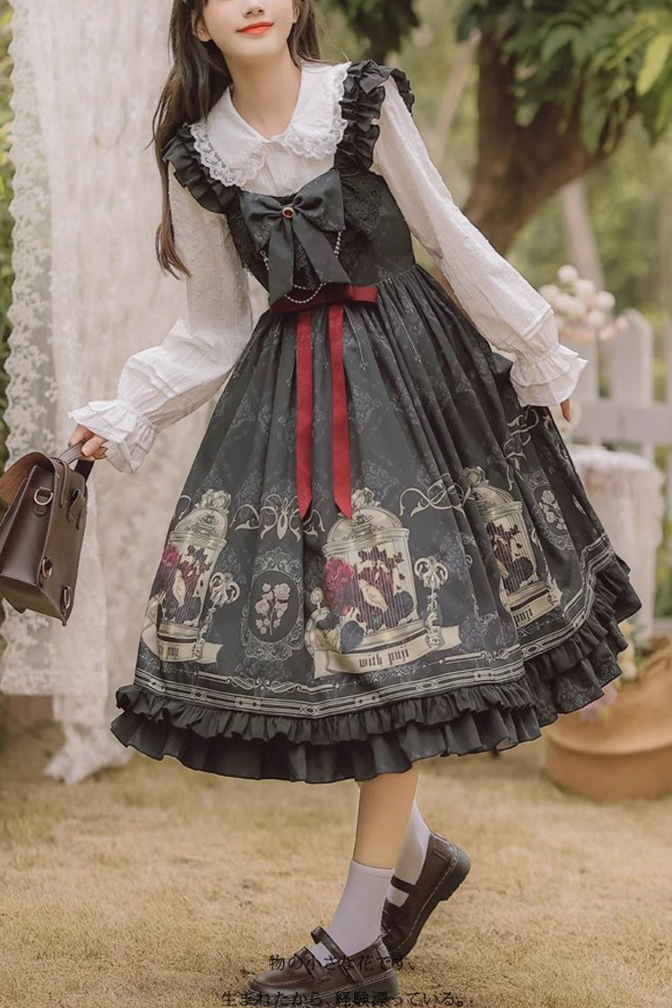 Black Birdcage Rose Print Ruffle Bowknot Gothic Princess Lolita Dress