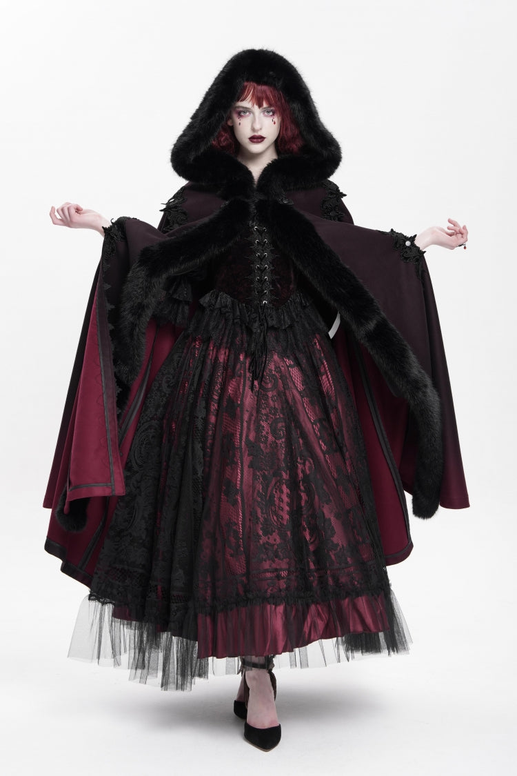 Black/Red Ombre Embroidered Hooded Women's Gothic Preppy Style Elegant Royal Cloak