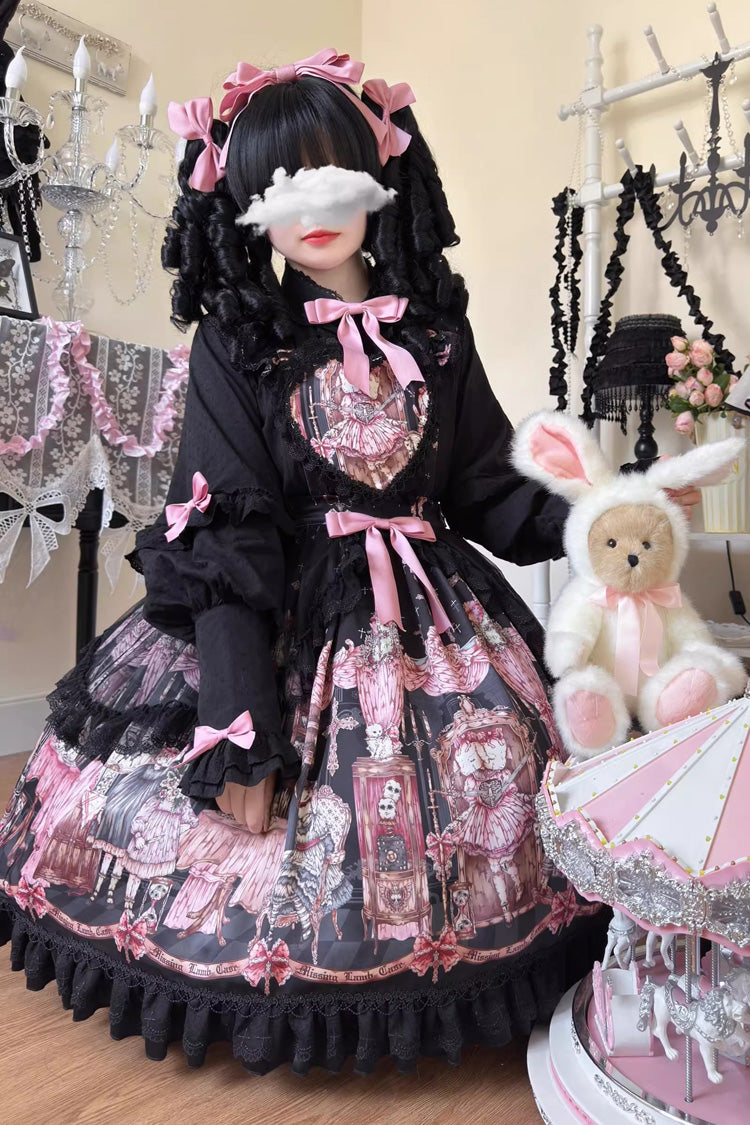 Black [The Case of the Missing Lamb] Print Ruffle Bowknot Lace Gothic Lolita SK Skirt
