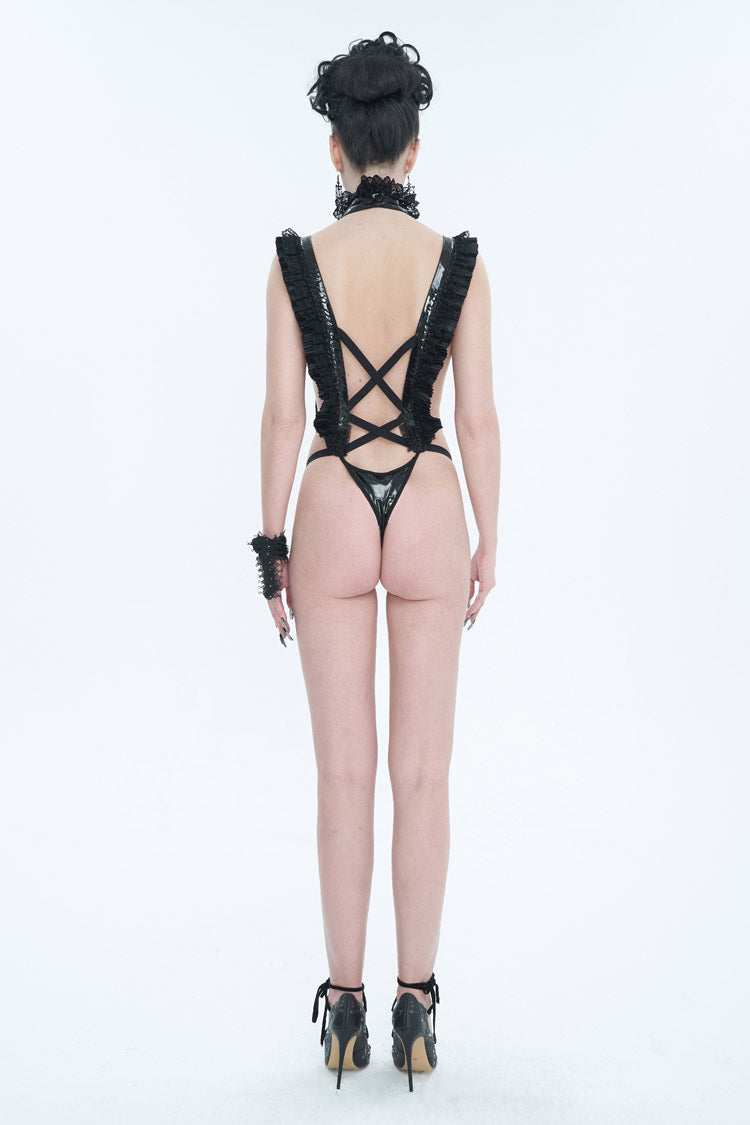Black Stretch Patent Leather Cutout Lace Ruffle Button Women's Gothic Bodysuit