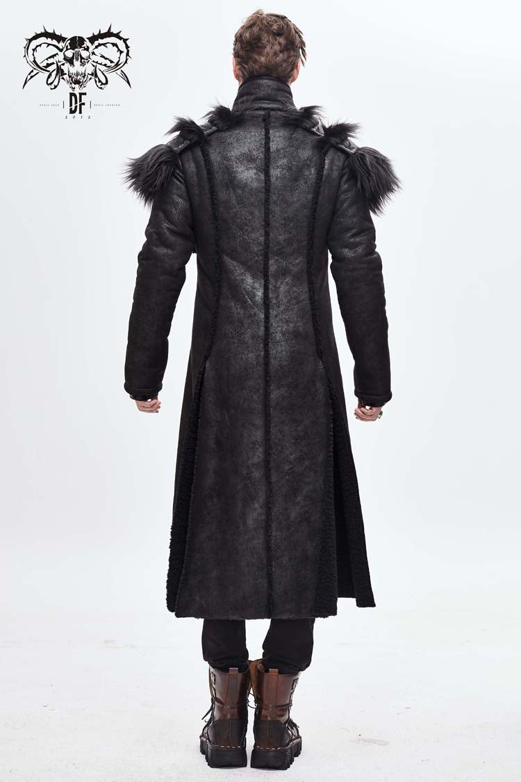 Black Stand Up Collar Shoulder Fur Cape Front Metal Hasp Chest Loops Long Fur Men's Punk Coat
