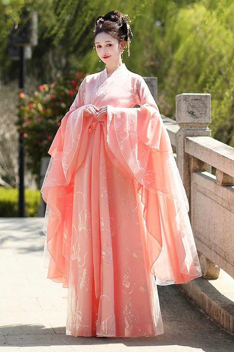 Pink V Collar High Waisted Embroidery Slim Women's Classic Chinese Style Hanfu Dress Full Set