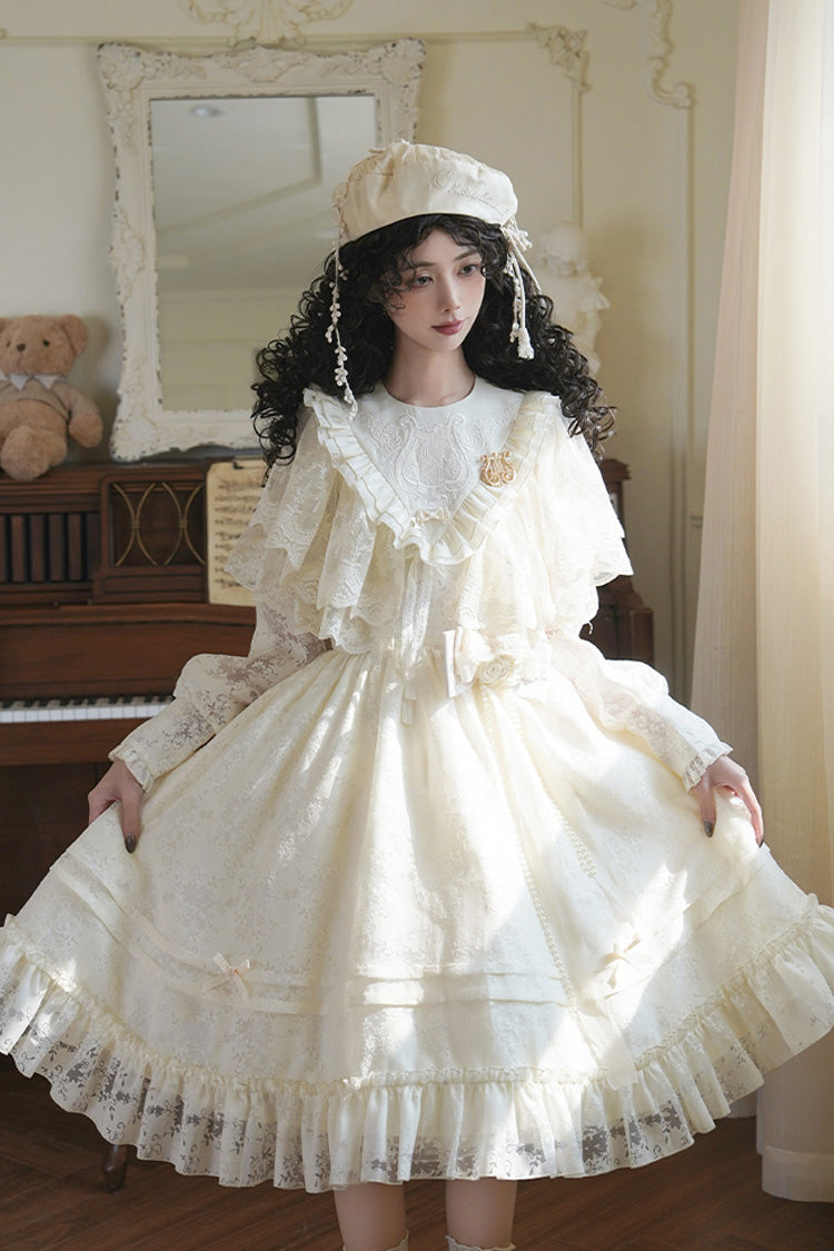 Ivory [Flower Sound] Long Sleeves Ruffle Cardigan Bowknot Lace Sweet Lolita Dress