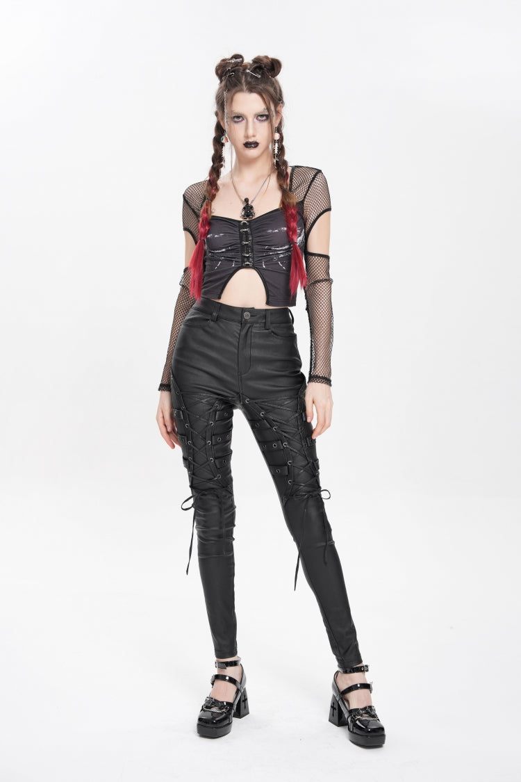 Black Lace-Up Eyelet Straps Women's Punk Pants