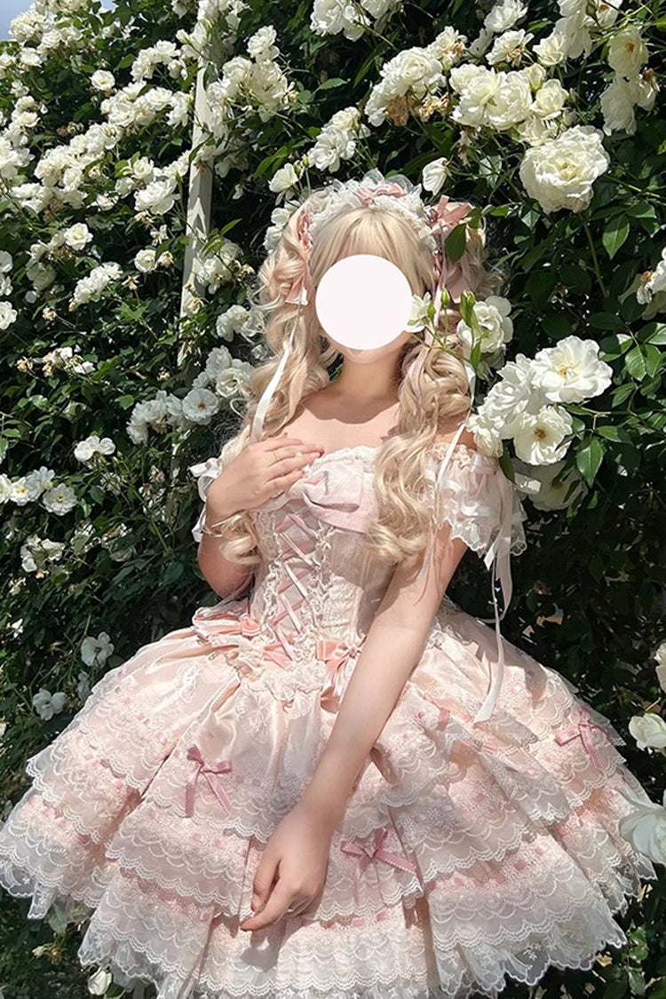 Pink [Flora Isle Butterfly] Sleeveless Ruffle Bowknot Lace Lace-Up Sweet Elegant Lolita Jsk Dress