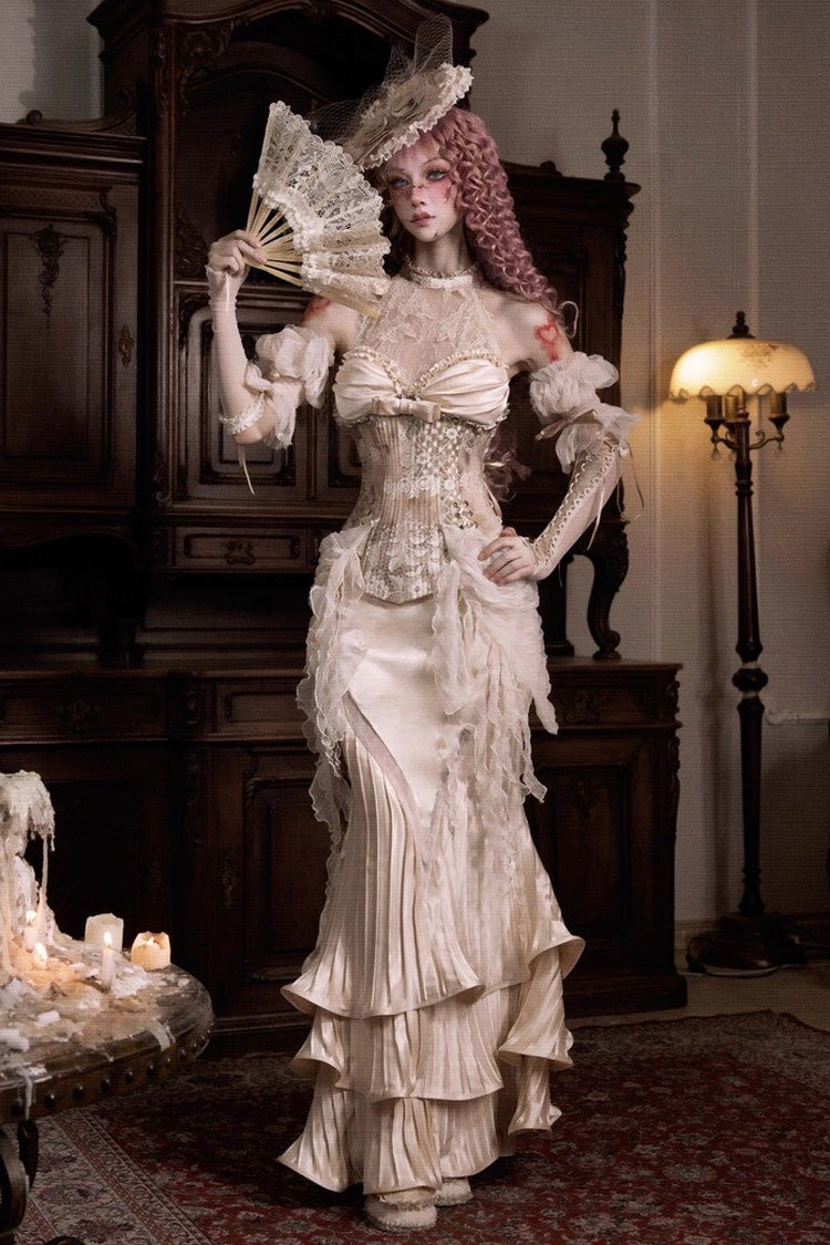 Golden [Cupid’s Poetry Box] Halterneck Ruffled Embroidered Bow Lace Slim Fishbone Gothic Lolita Top and Skirt Dress Set