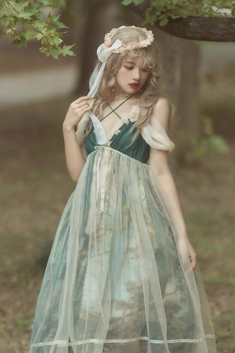 Green V Collar Morning In Pine Forest Print Sweet Lolita Jsk Dress