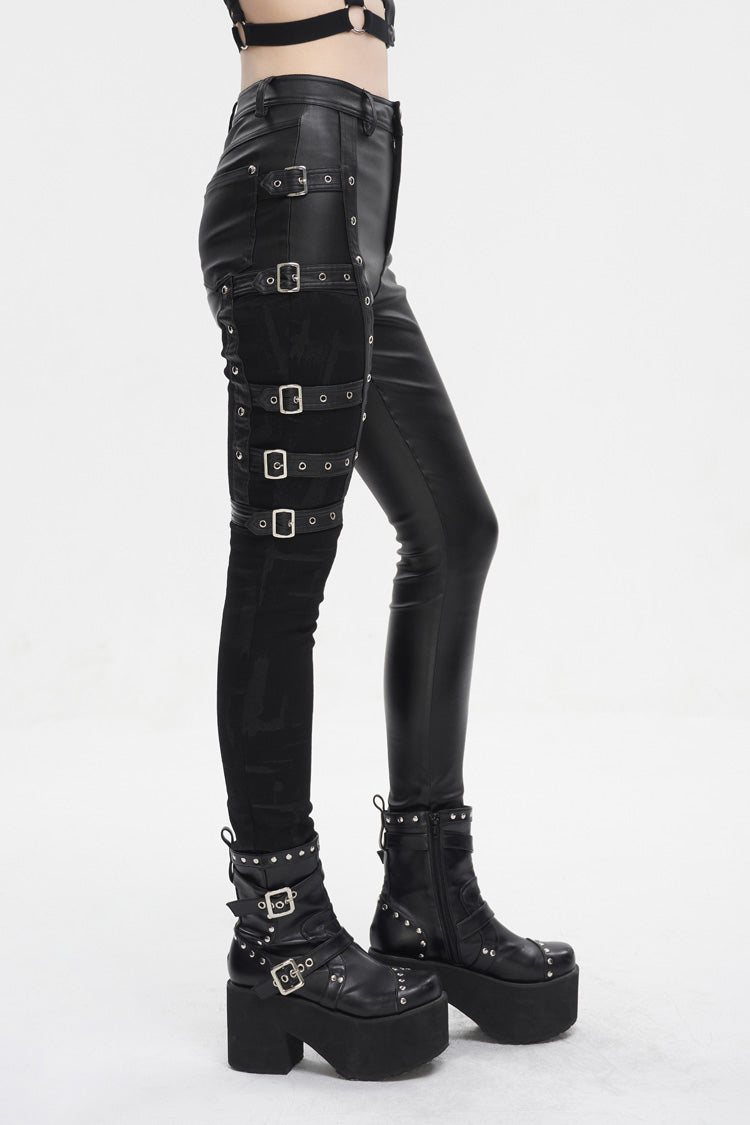 Black Tight Leather Multi Buckle Splice Women's Punk Pants