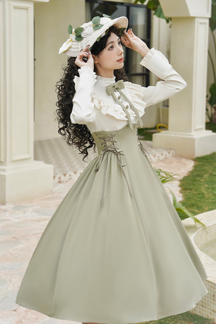White/Green [Wind Garden] Stand Collar Ruffle Lace-Up Color Matching Fake Two Pieces Classic Vintage Lolita Dress