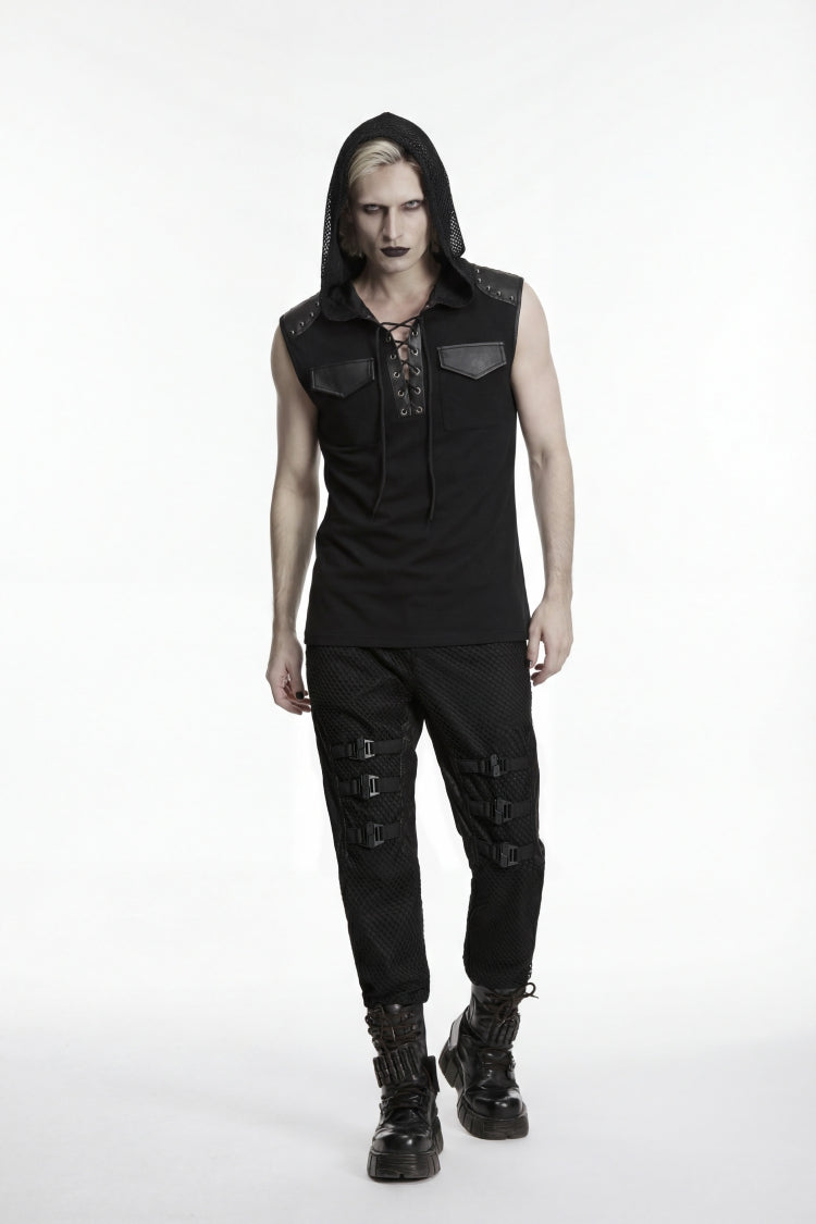 Black Sleeveless Spliced Lace-Up Hooded Mesh Pearl-Decorated Eyelet Men's Punk T-Shirt