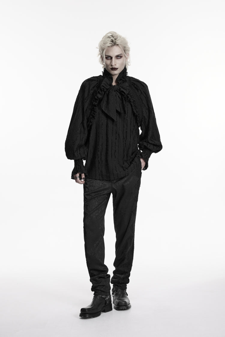 Black Stand Collar Long Lantern Sleeves Bow Lace Pleated Men's Gothic Shirt