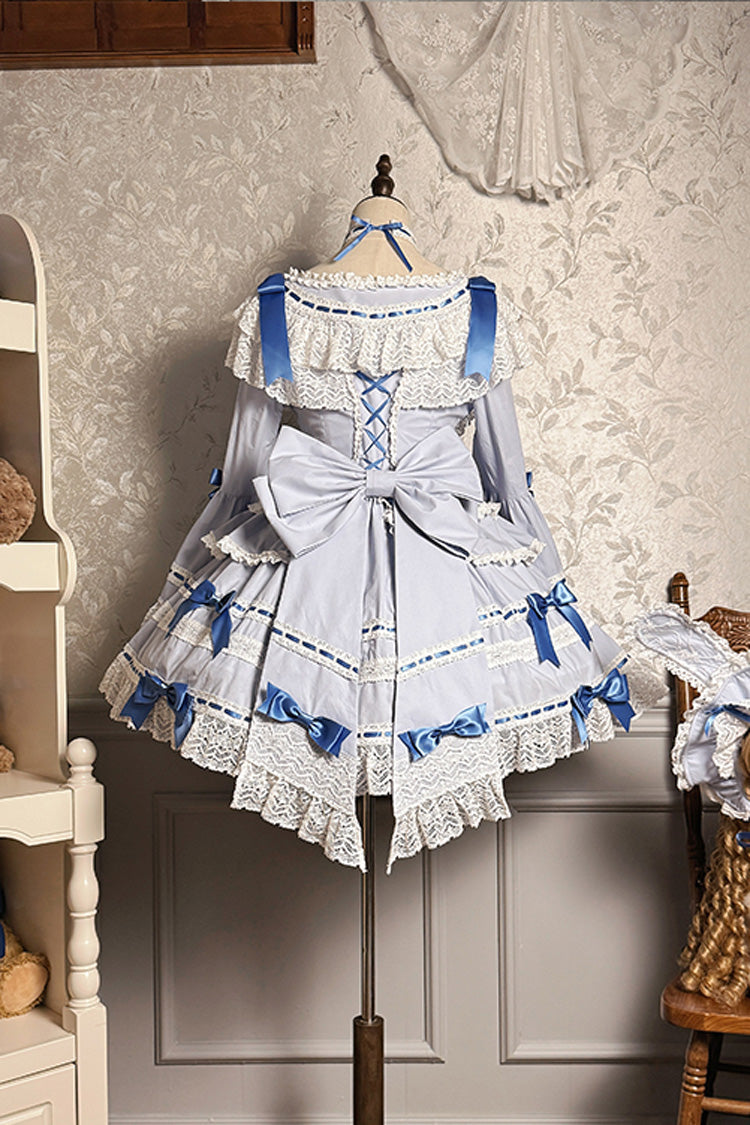 Blue/White [Rabbit Sleeping Doll] Long Trumpet Sleeves Ruffle Bowknot Lace Sweet Lolita Dress