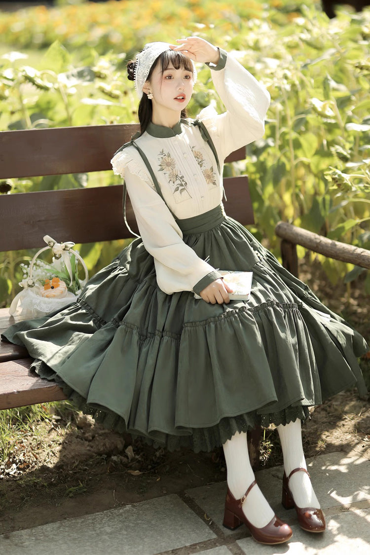 White/Green Country Style Midsummer Sunflower Sweet Lolita Skirt Two-Piece Set