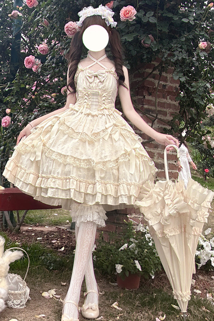 アプリコット [ミス・パール] ノースリーブ ダブルレイヤー ボウノット レース レースアップ スイート ロリータ Jsk ドレス 