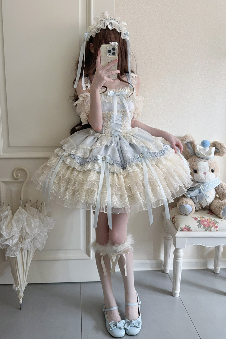 Blue [Ribbon Heart Love] Sleeveless Multi-Layered Ruffle Bowknot Lace Lace-Up Sweet Princess Ballet Lolita Jsk Dress