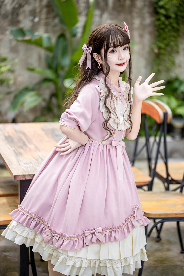 Pink Long Sleeves Ruffle Bowknot Daily Sweet Princess Lolita Dress