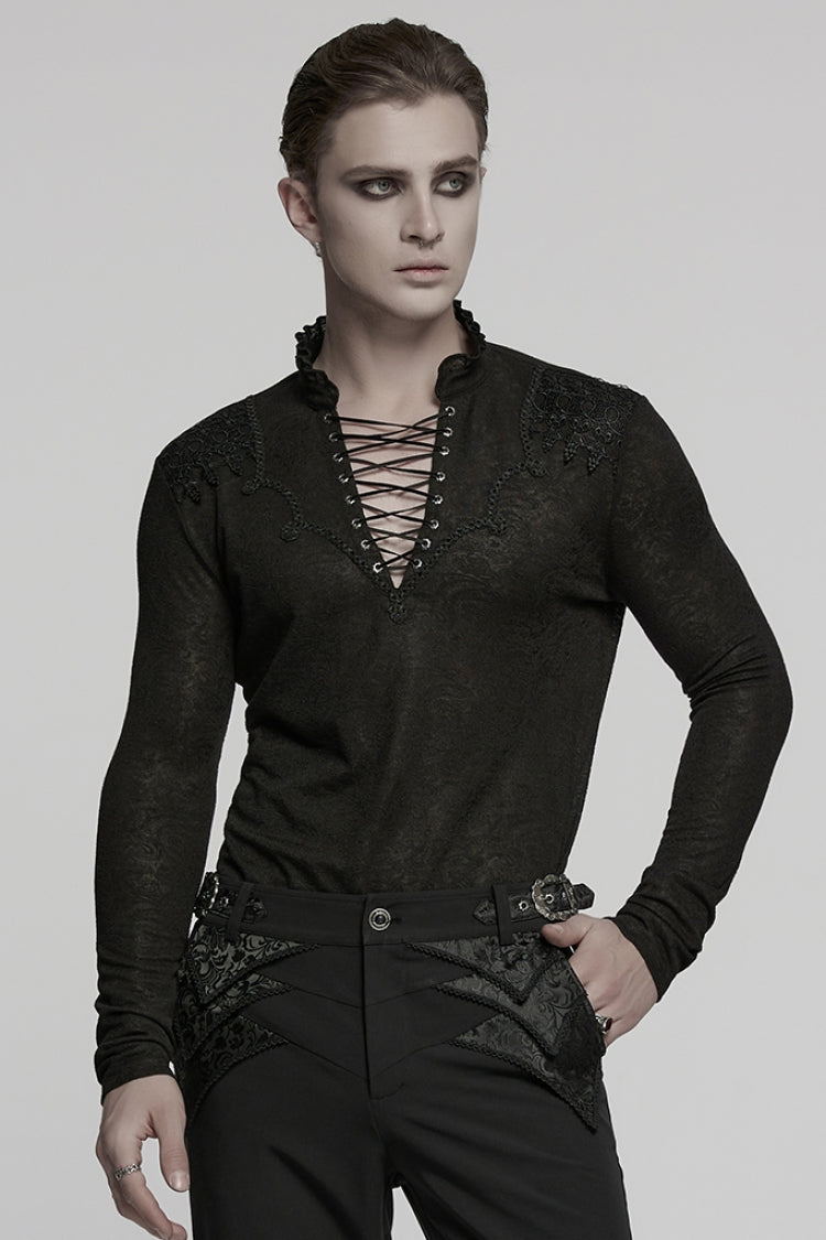 Blouse gothique pour homme noir à col en V, manches longues, broderie jacquard 