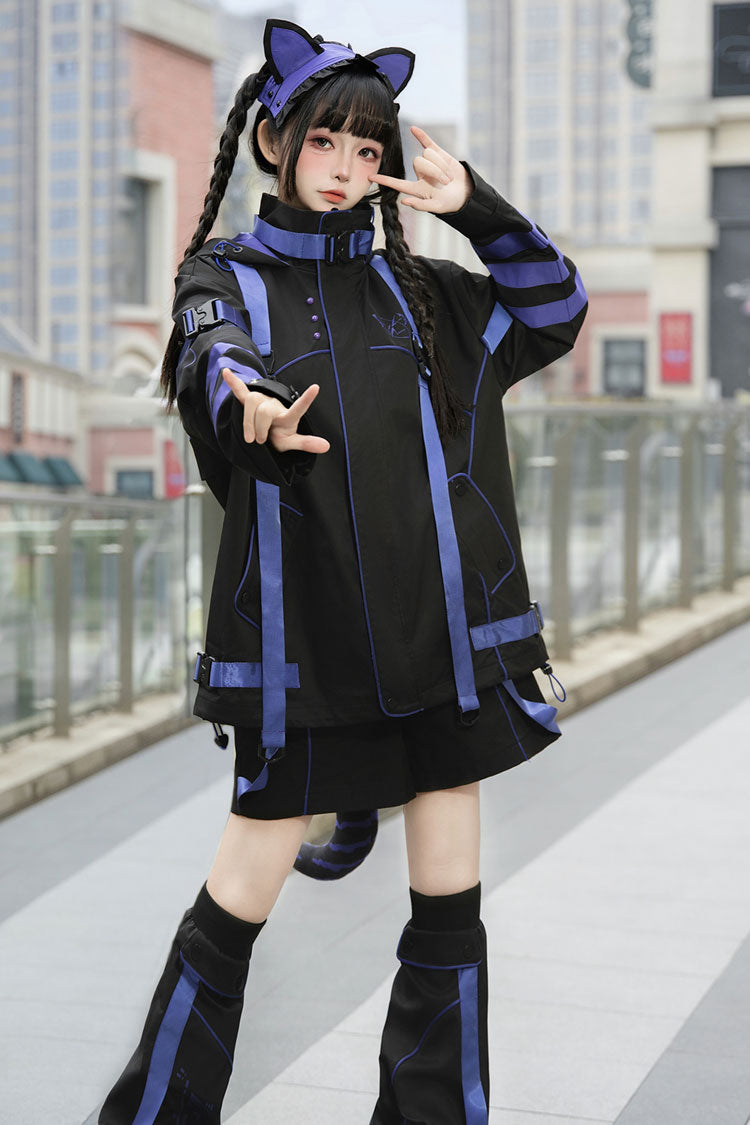 Blue/Black Long Sleeves Print Cat Ears Hooded Jirai Kei Handsome Coat
