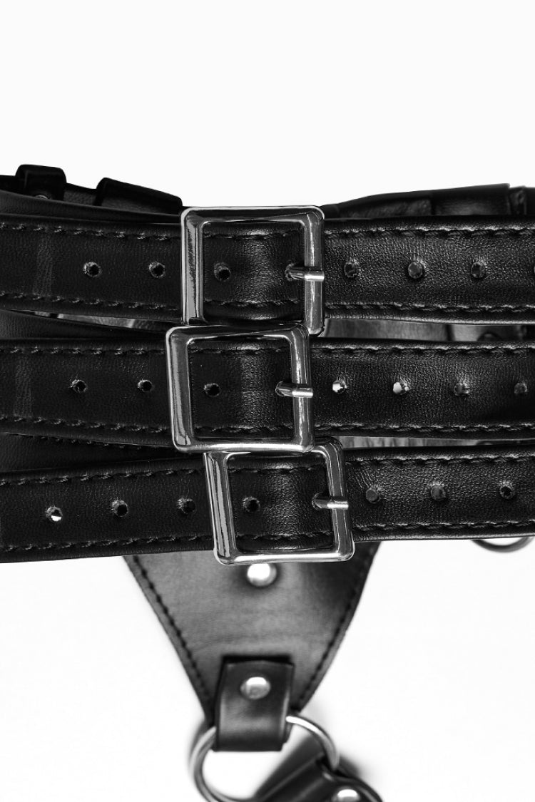 Black Buckle Ring Faux Leather Women's Steampunk Adjustable Choker Harness