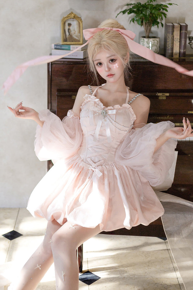 Pink [The Runaway Princess] Sleeveless Ruffle Bowknot Lace-Up Sweet Lolita Jsk Tulip Dress Set