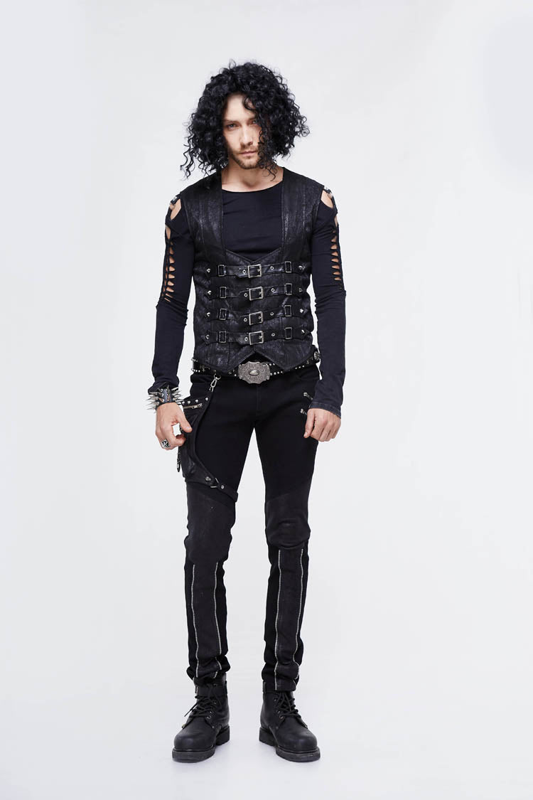 Black Jacquard Splice Heat Seal Backing Chest Loop Lace Up Men's Punk Waistcoat