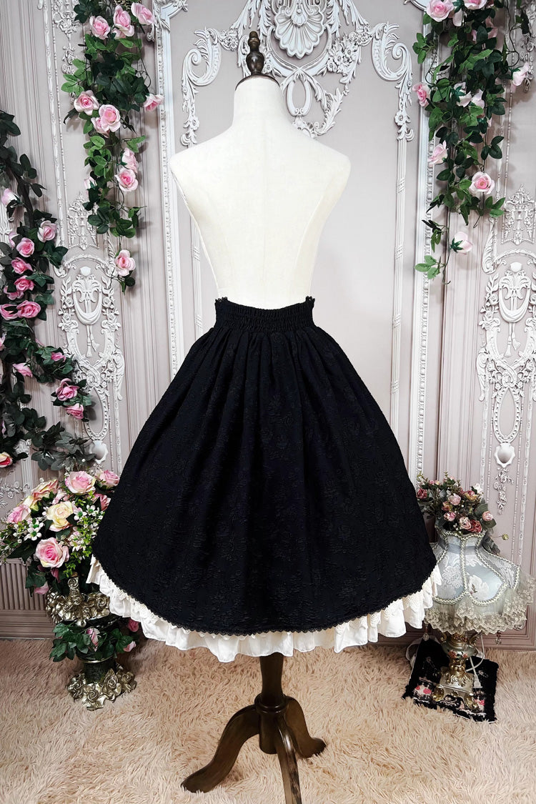 Black [Heart of Rose] High Waisted Ruffle Embroidery Lace-Up Sweet Vintage Elegant Palace Lolita Skirt