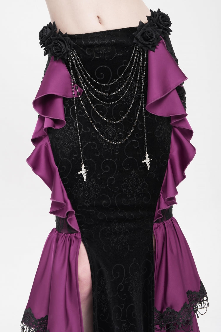 Purple Floral Print Lace-Up Rose Chain Women's Gothic Fishtail Skirt