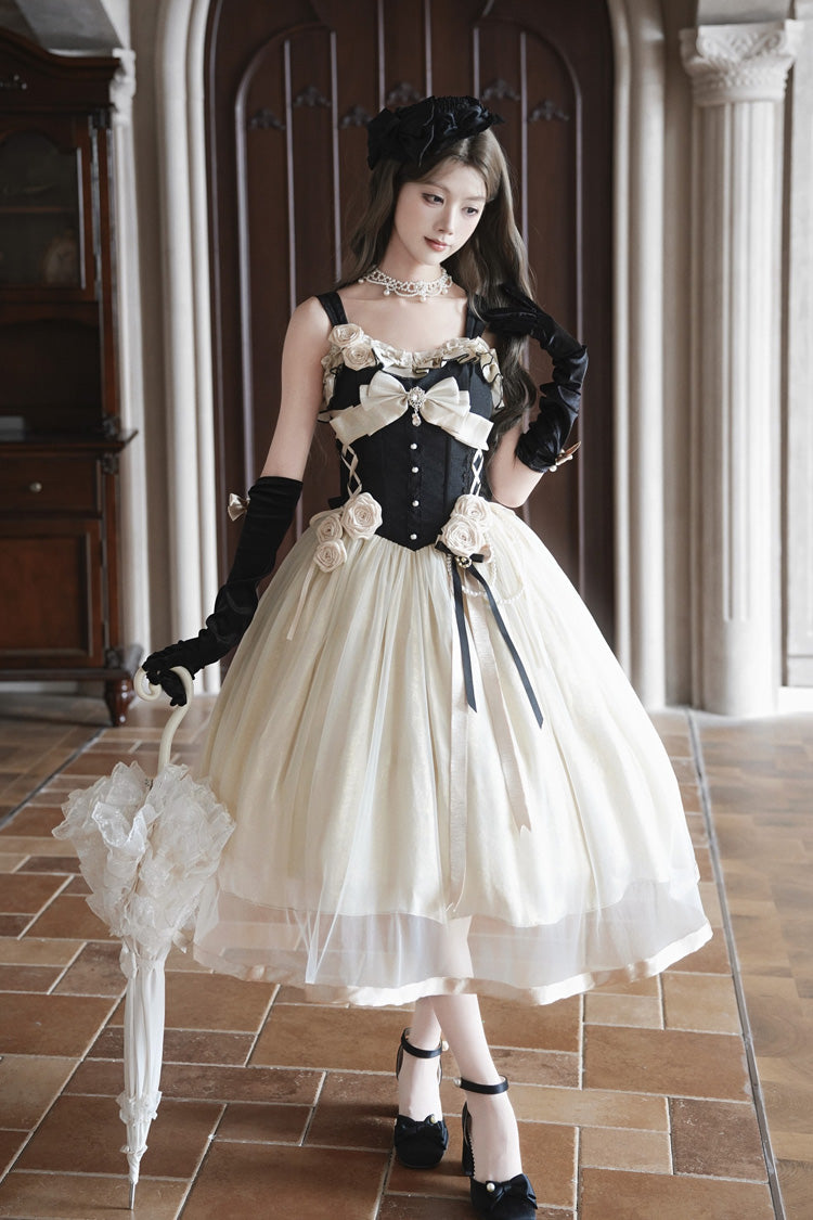 Robe Lolita Jsk classique élégante, noire/blanche, [Souvenir de Paris], sans manches, avec nœud à volants, à lacets, en arête de poisson, décorée de perles