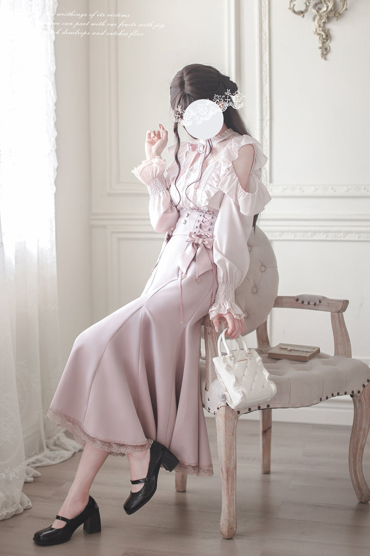 Pink Ruffle Bowknot Slim Sweet Elegant Lolita Fishtail Skirt Dress