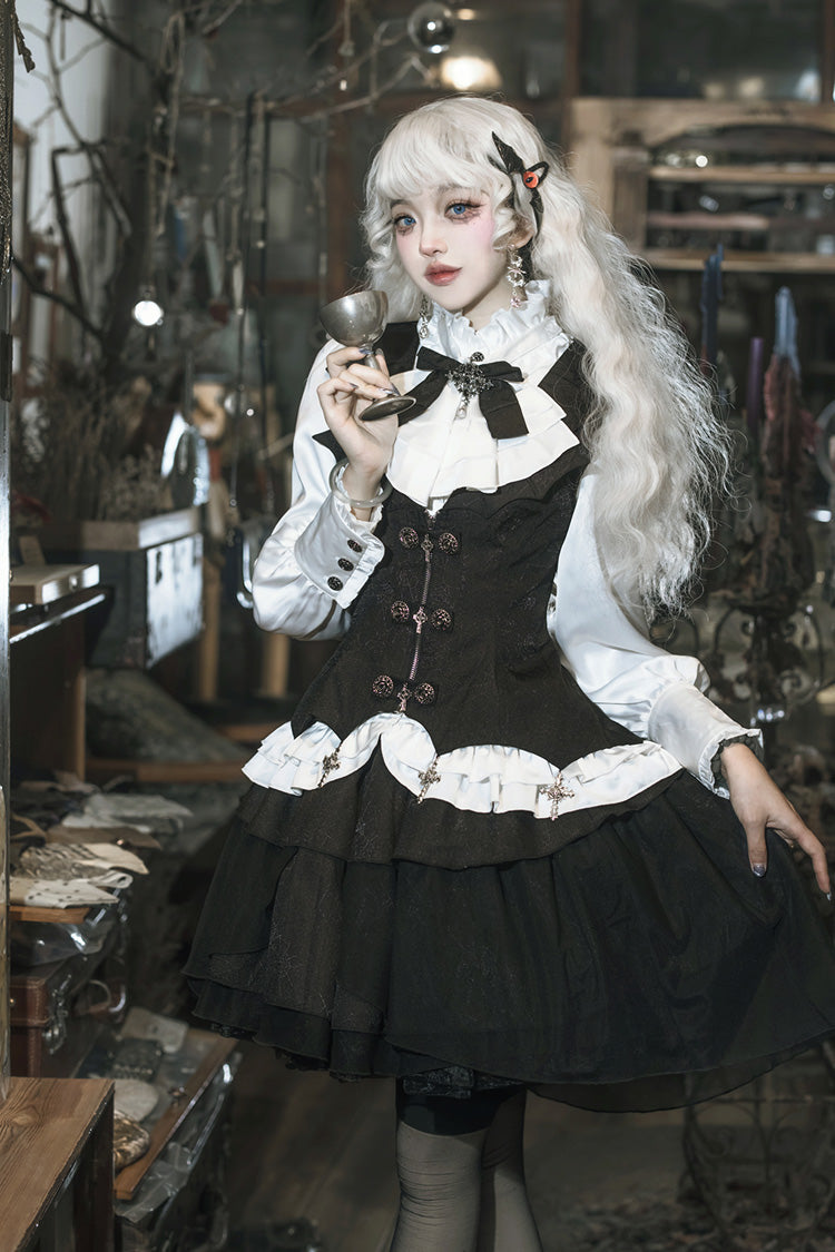 Black/White [The Duke of Blood] Multi-Layered Ruffle Bowknot Gothic Lolita Vest Skirt Set