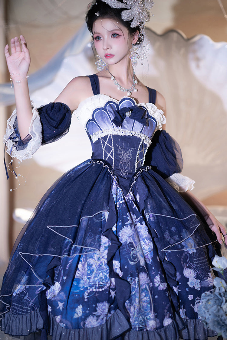 Blaues [Tiefseequallen] Print Rüschenspitze Süßes Elegantes Lolita Jsk Kleid