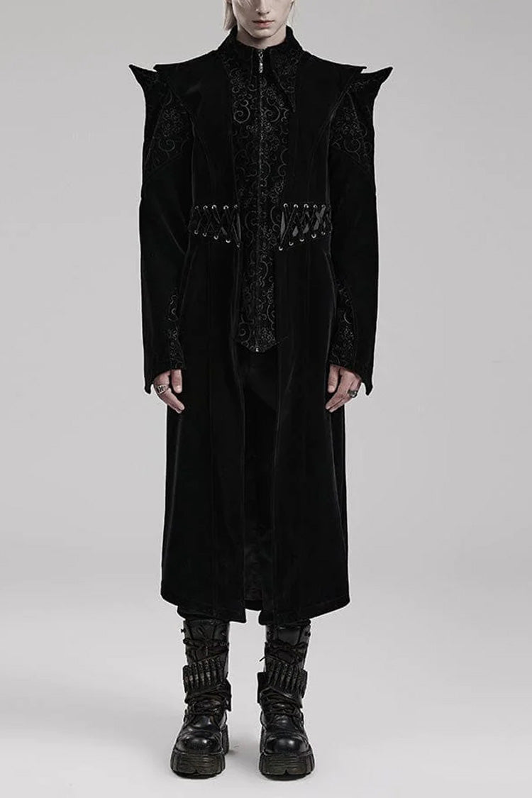 Black Stand Collar Jacquard Print Waist Cord Decoration Mens Gothic Mid Length Coat