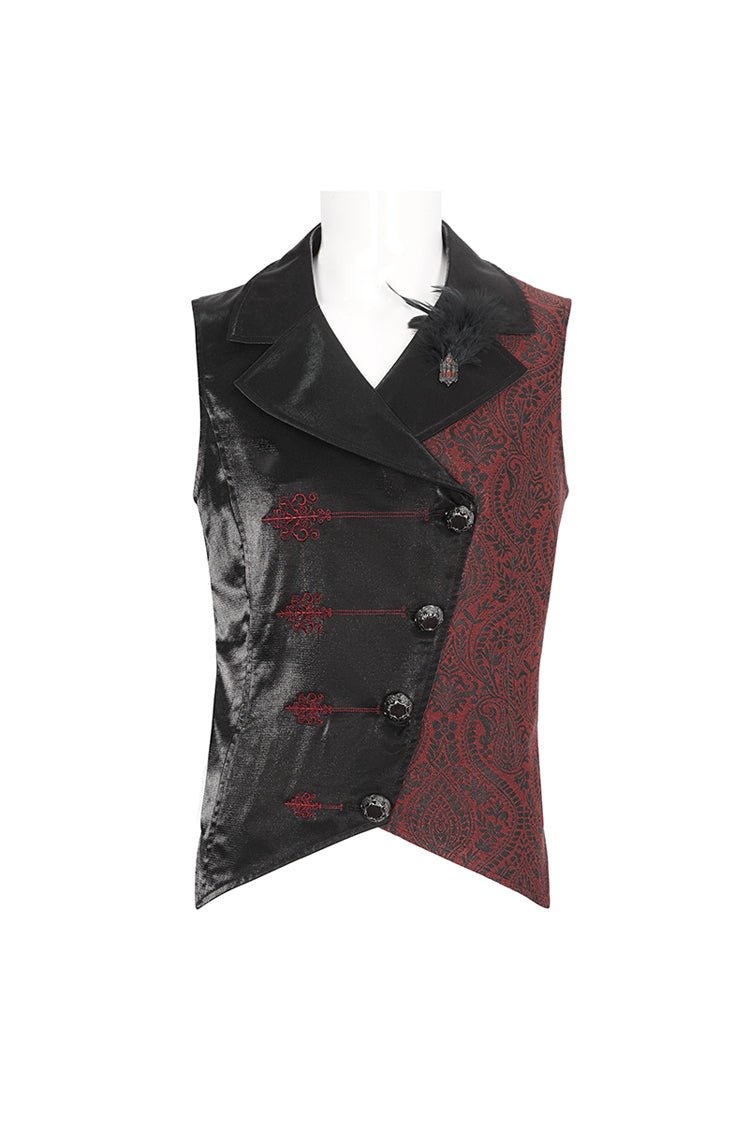 Black/Red Embossed Feather Men's Gothic Waistcoat