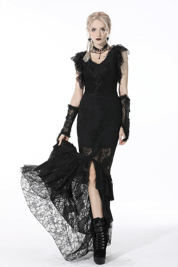 Black Women's Gothic Multi-Layered Lace Lace-Up Mermaid Maxi Skirt
