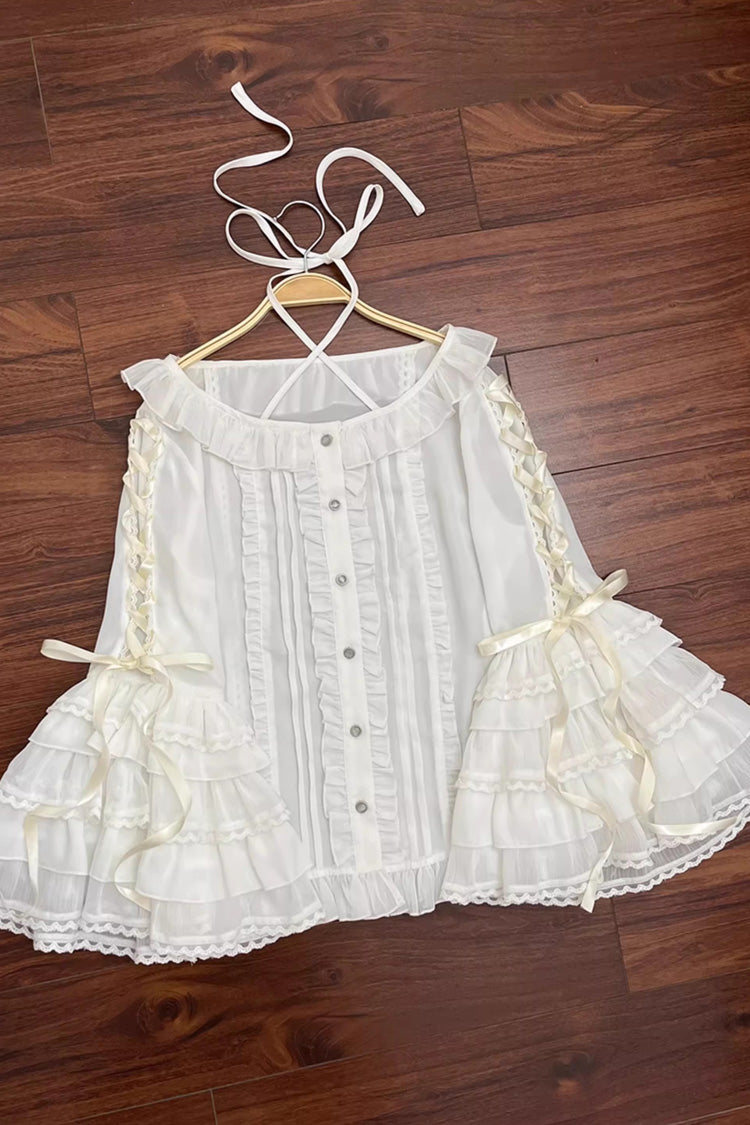 Sweet Chiffon Long Hime Sleeves Ruffled Bow Lolita Blouse 3 Colors