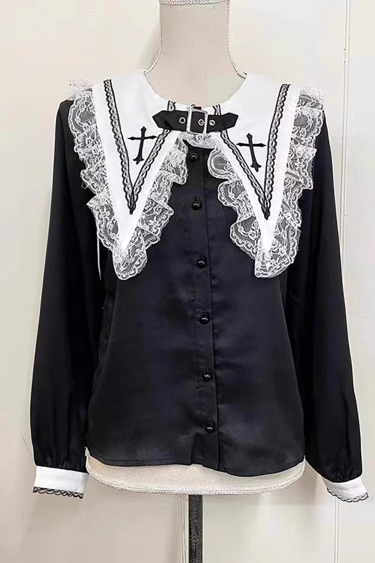 Jirai Kei Long Sleeves Cross Embroidery Japanese Lolita Blouse 2 Colors