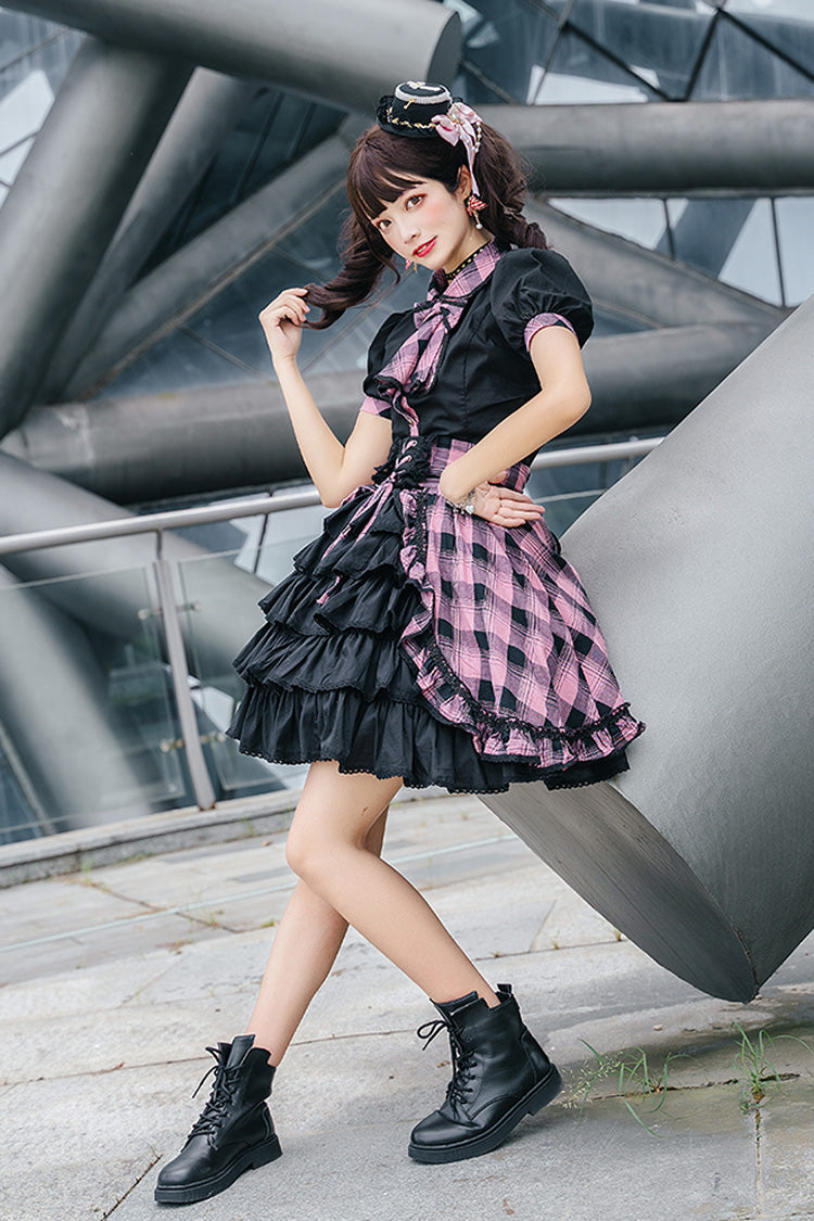Black/Purple Short Sleeves Multi-Layered Print Ruffle Cardigan Bowknot Asymmetric Sweet Lolita Skirt Set