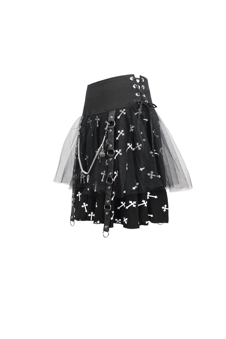 Black/White Knitted Fabric Cross Print Side Waist Straps Detachable Metal Chain Women's Punk Skirt