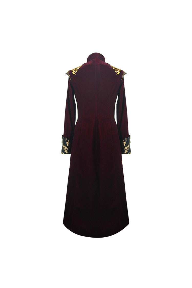 Black/Red Jacquard Gold Faded Buttons Fleece Long Men's Gothic Coat